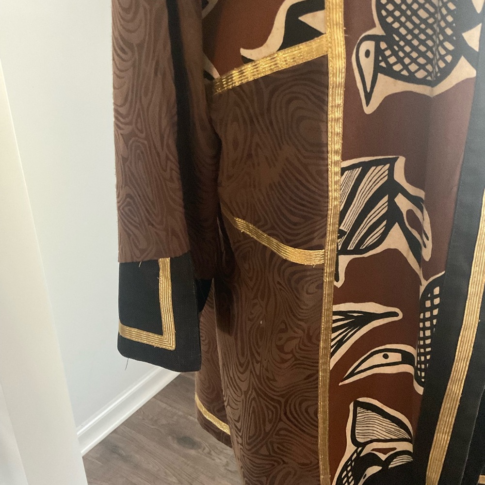 Vintage open front coat, brown, black, gold, 3X, bohemian print (?)